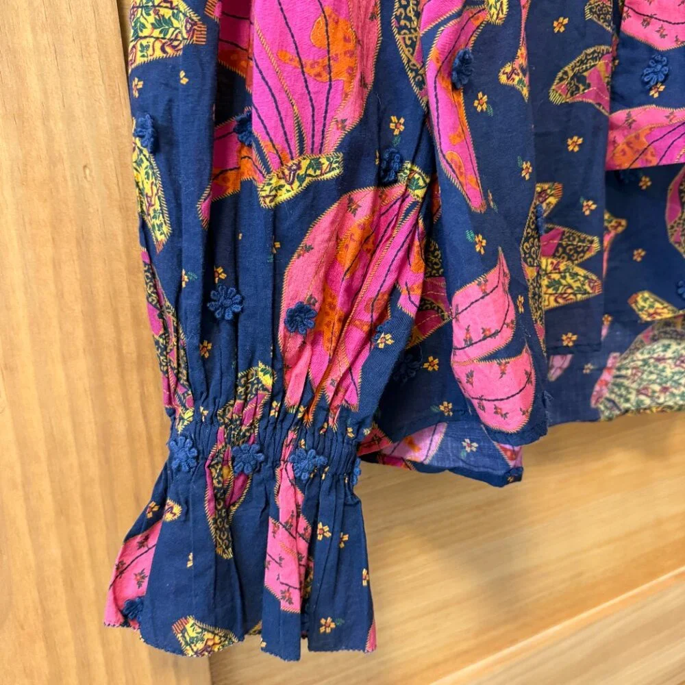 Farm Rio Patchwork Bananas Tie Front Embroidered Boho Navy Blouse Women size XS - Picture 7 of 12